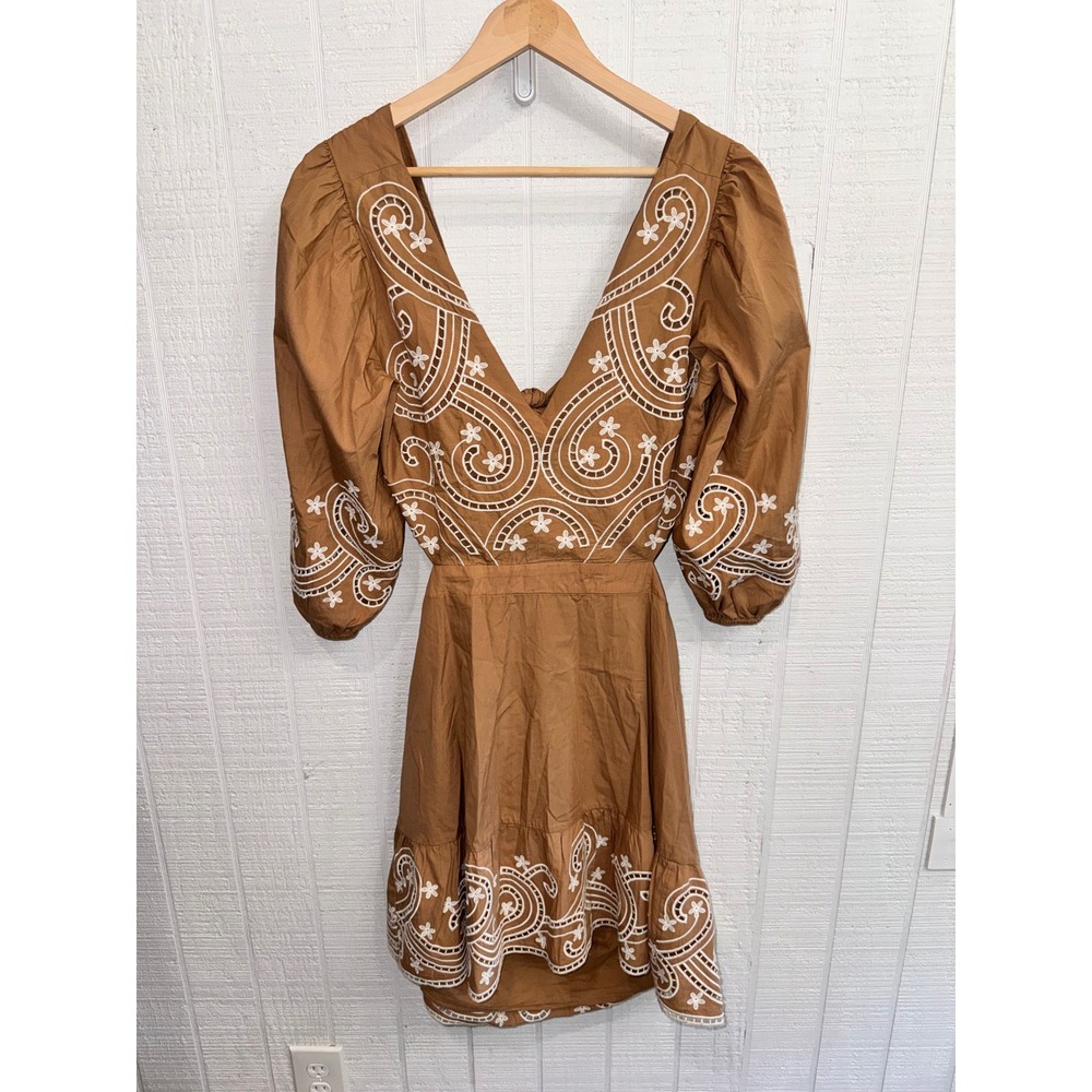 Express Mini Dress Women Camel Brown Eyelet Puff Sleeve Cutout Tie Back Large